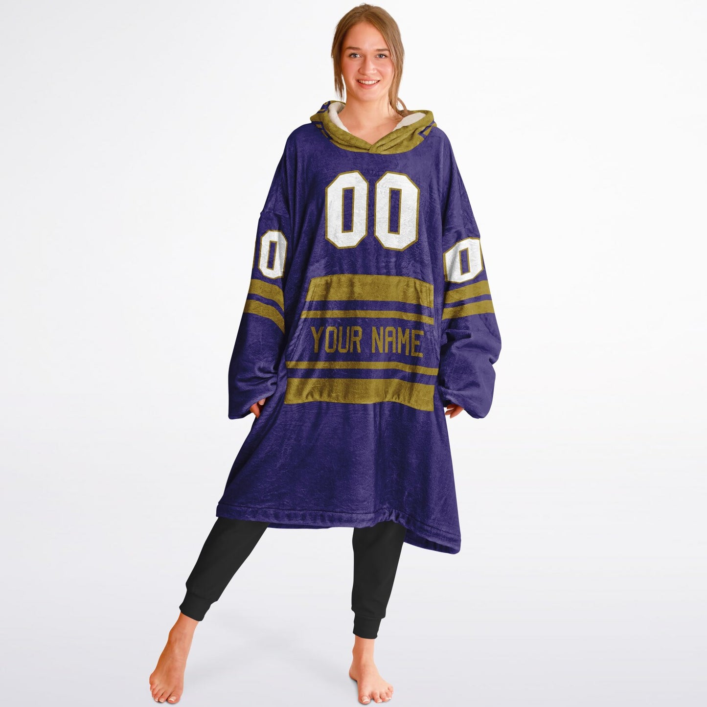 Purple and metallic gold classic snug hoodie featuring jersey-style stripes and personalized name and number.