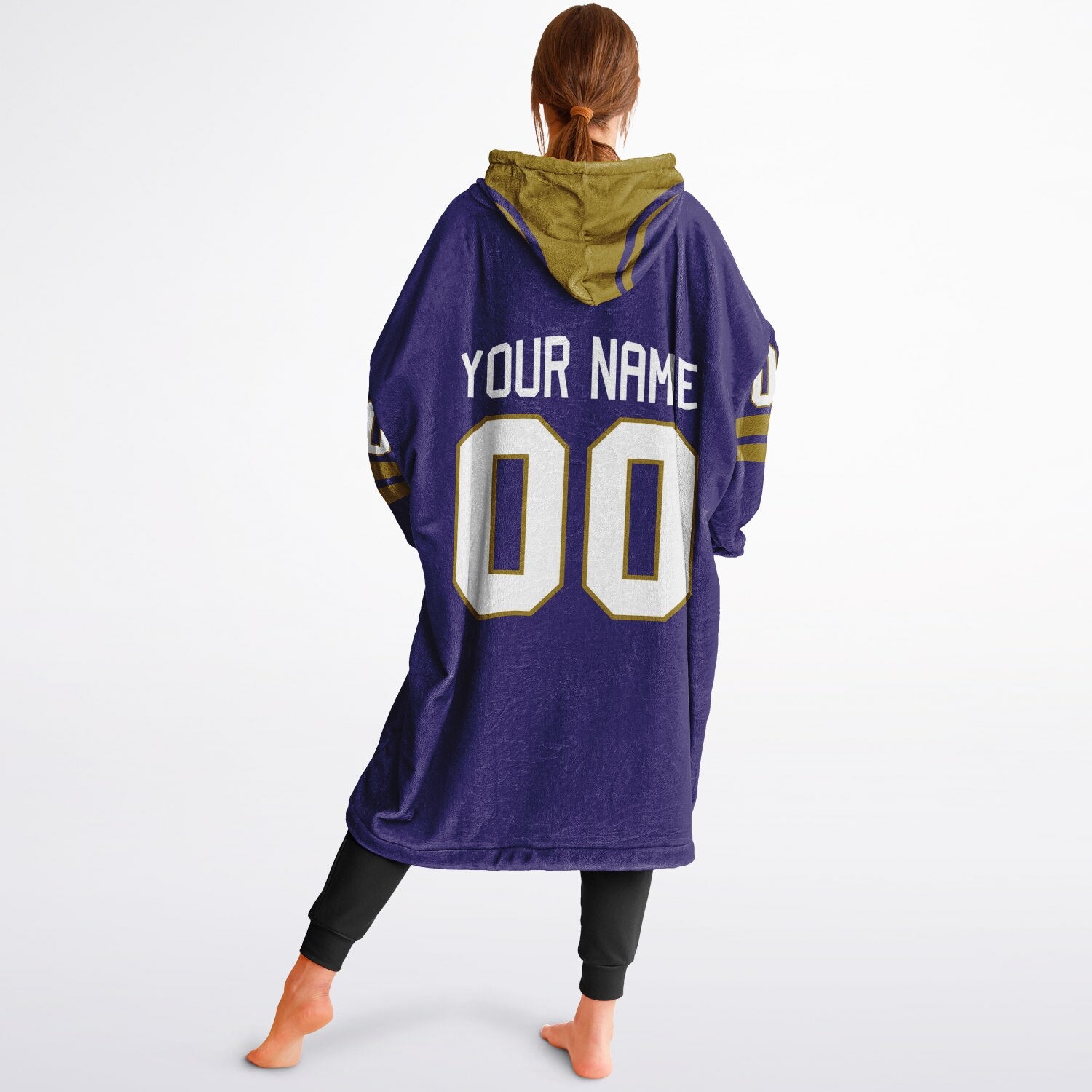 Purple and metallic gold classic snug hoodie featuring jersey-style stripes and personalized name and number.