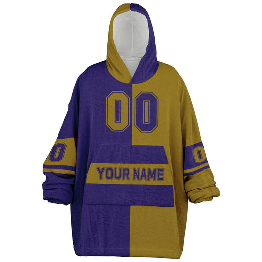 Purple and metallic gold halftime snug hoodie featuring a symmetrical split design for a dynamic game-day look.