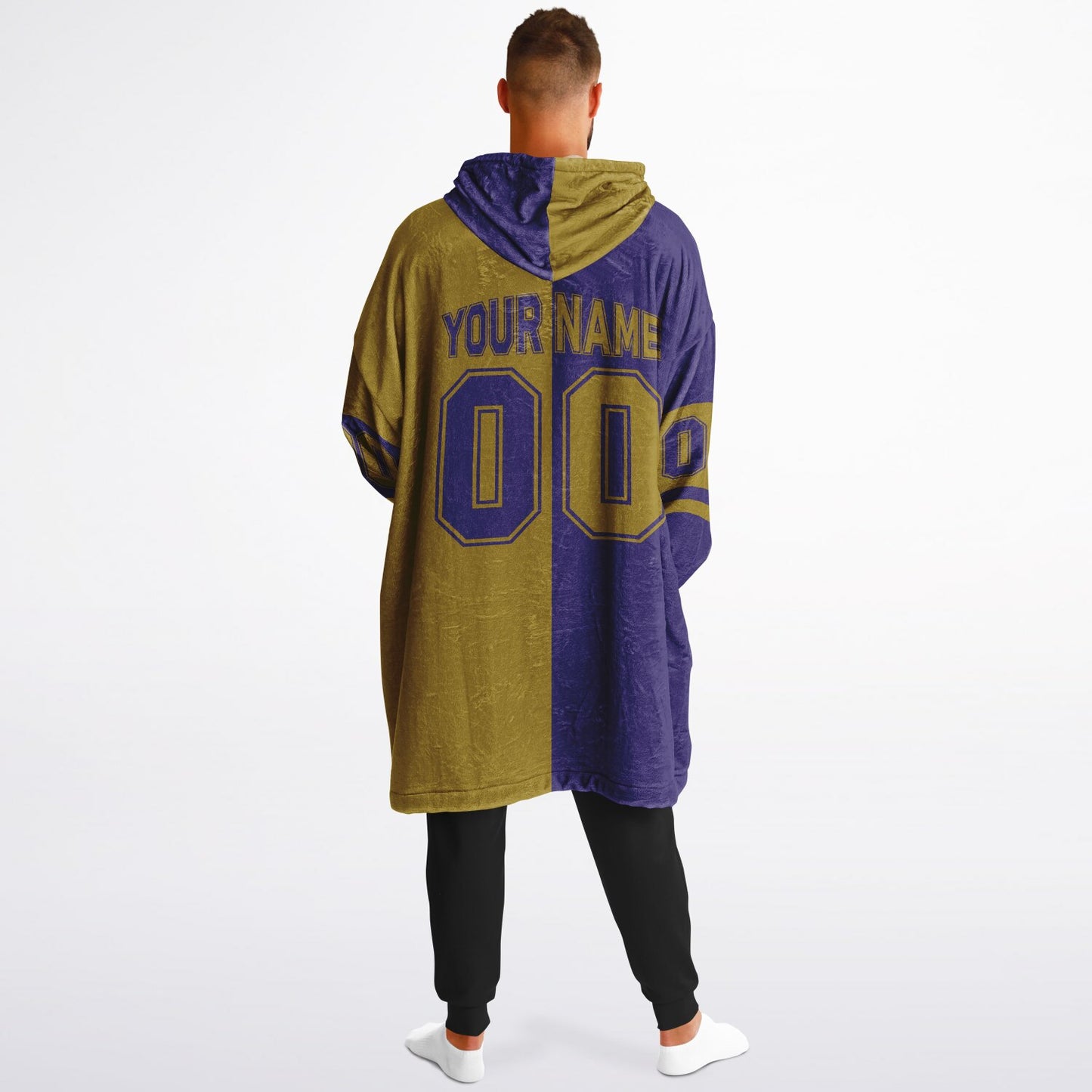 Purple and metallic gold halftime snug hoodie featuring a symmetrical split design for a dynamic game-day look.
