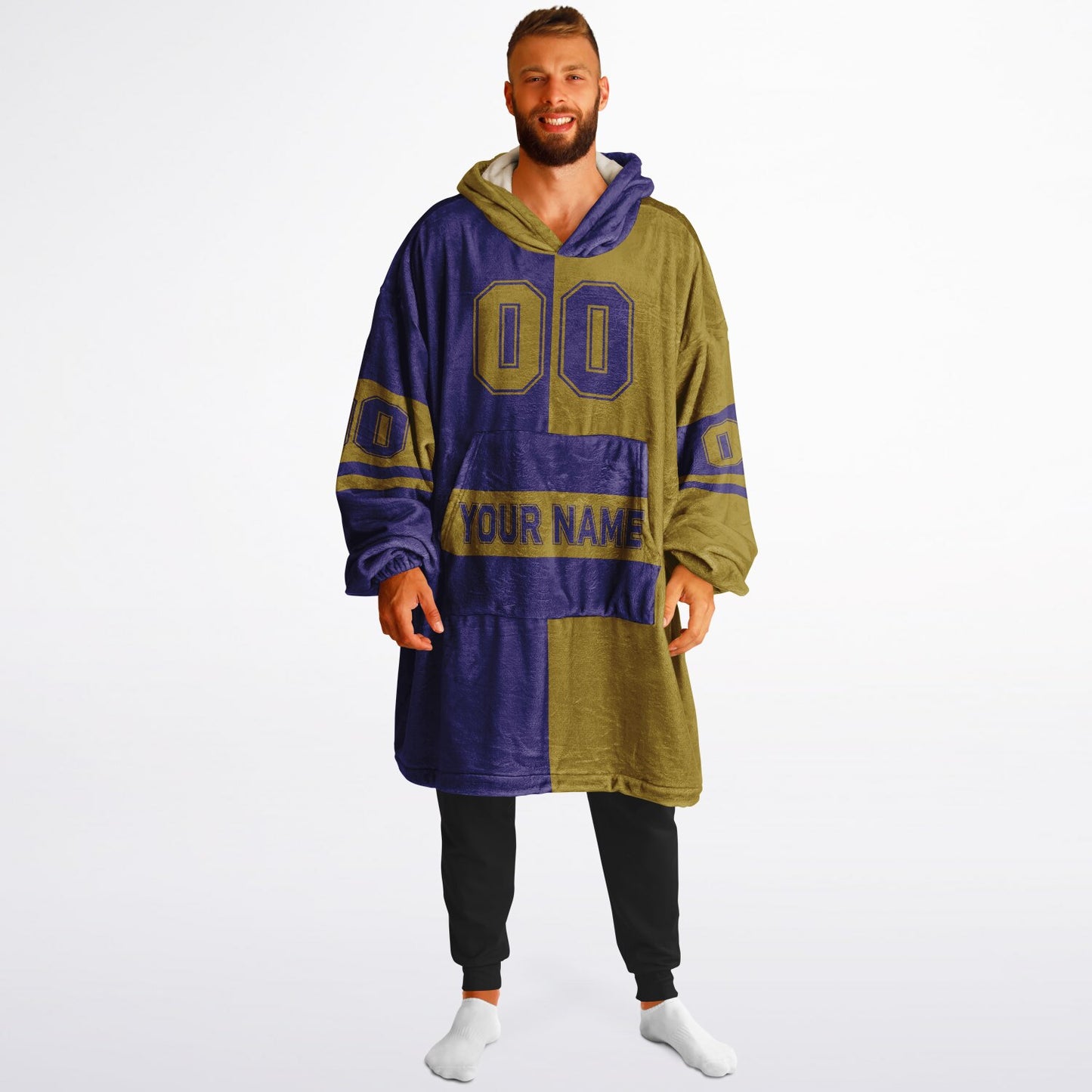 Purple and metallic gold halftime snug hoodie featuring a symmetrical split design for a dynamic game-day look.