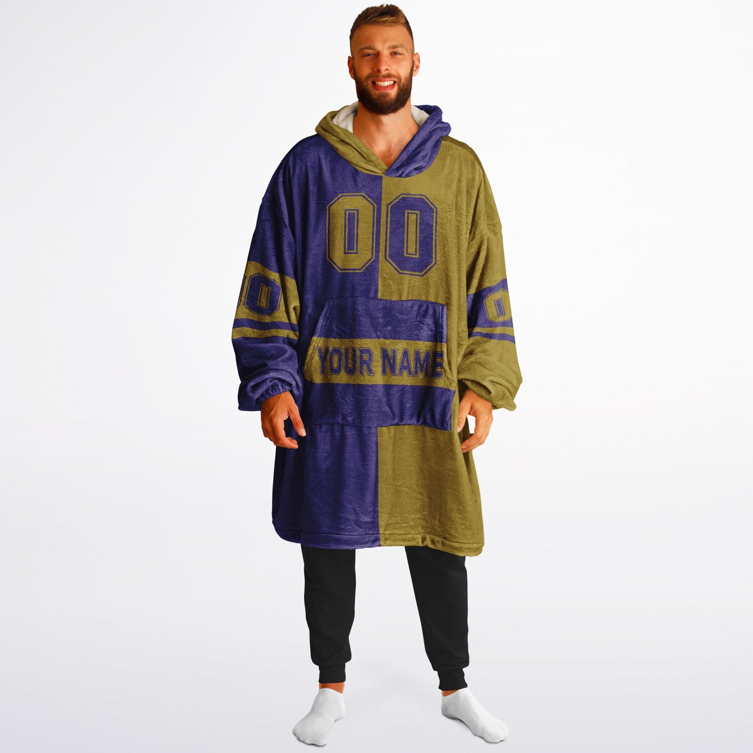 Purple and metallic gold halftime snug hoodie featuring a symmetrical split design for a dynamic game-day look.