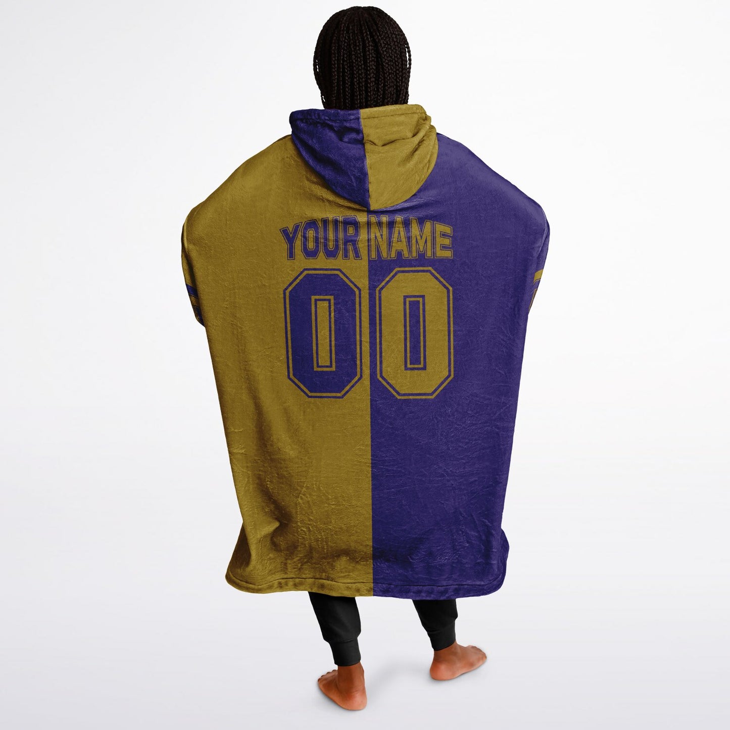 Purple and metallic gold halftime snug hoodie featuring a symmetrical split design for a dynamic game-day look.