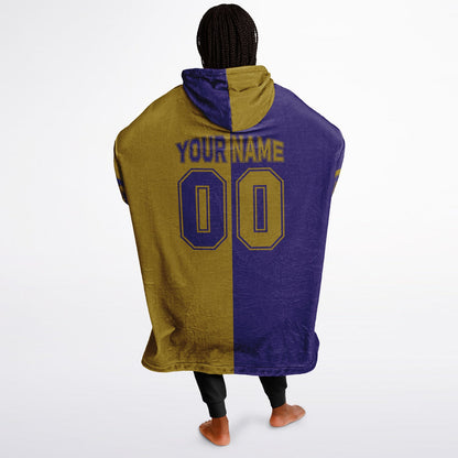 Purple and metallic gold halftime snug hoodie featuring a symmetrical split design for a dynamic game-day look.