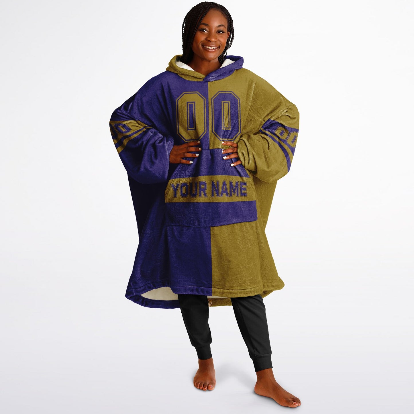 Purple and metallic gold halftime snug hoodie featuring a symmetrical split design for a dynamic game-day look.