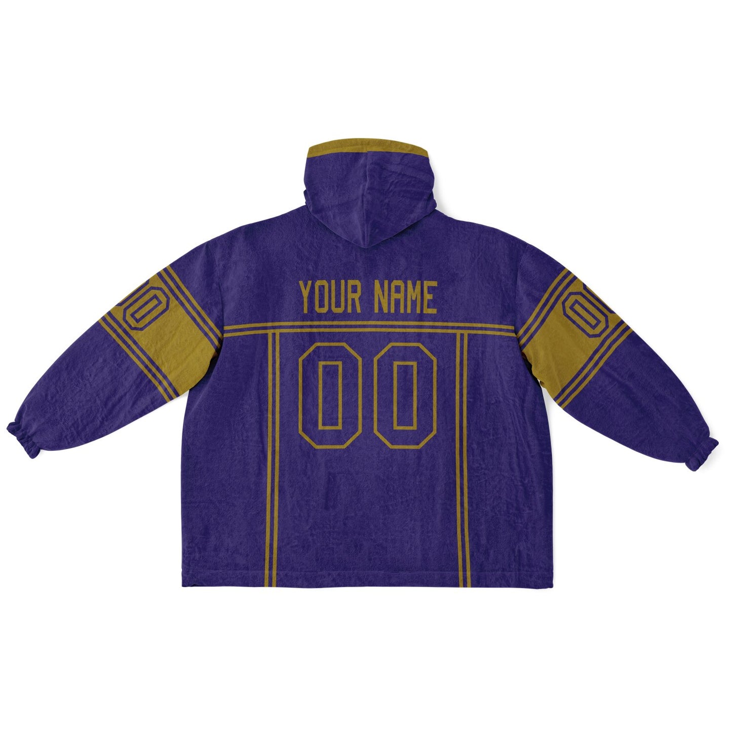 Purple and metallic gold lineup snug hoodie featuring sleek line-art details and minimalist team-inspired design