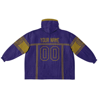 Purple and metallic gold lineup snug hoodie featuring sleek line-art details and minimalist team-inspired design