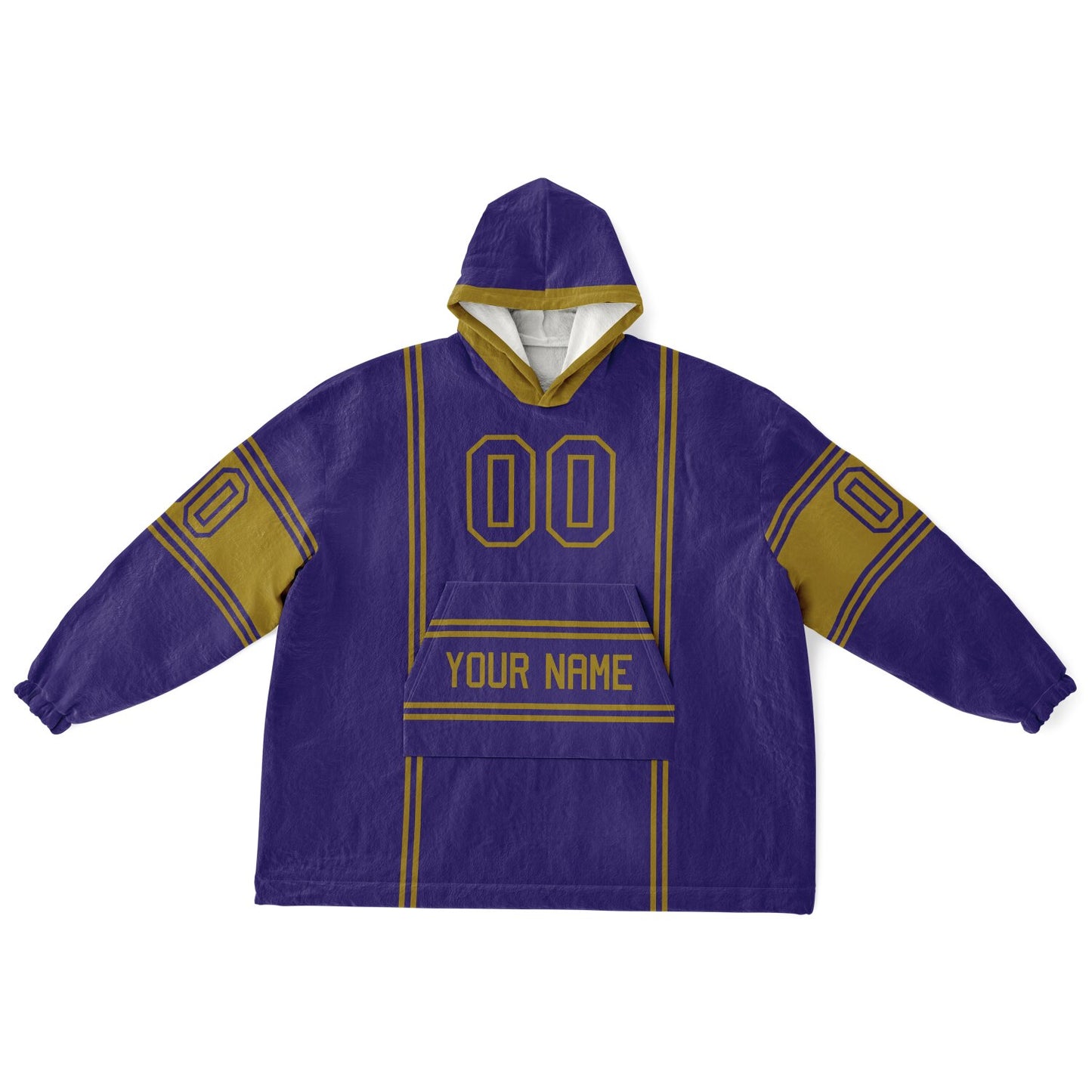 Purple and metallic gold lineup snug hoodie featuring sleek line-art details and minimalist team-inspired design