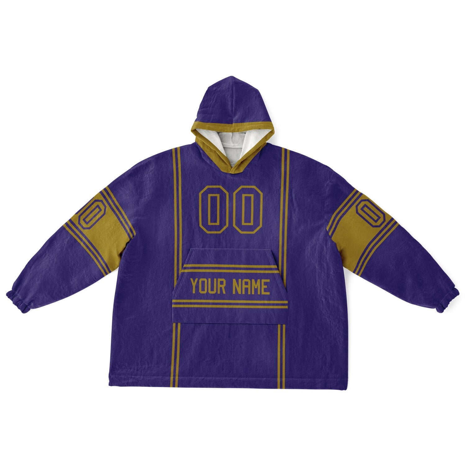 Purple and metallic gold lineup snug hoodie featuring sleek line-art details and minimalist team-inspired design