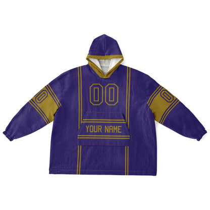 Purple and metallic gold lineup snug hoodie featuring sleek line-art details and minimalist team-inspired design