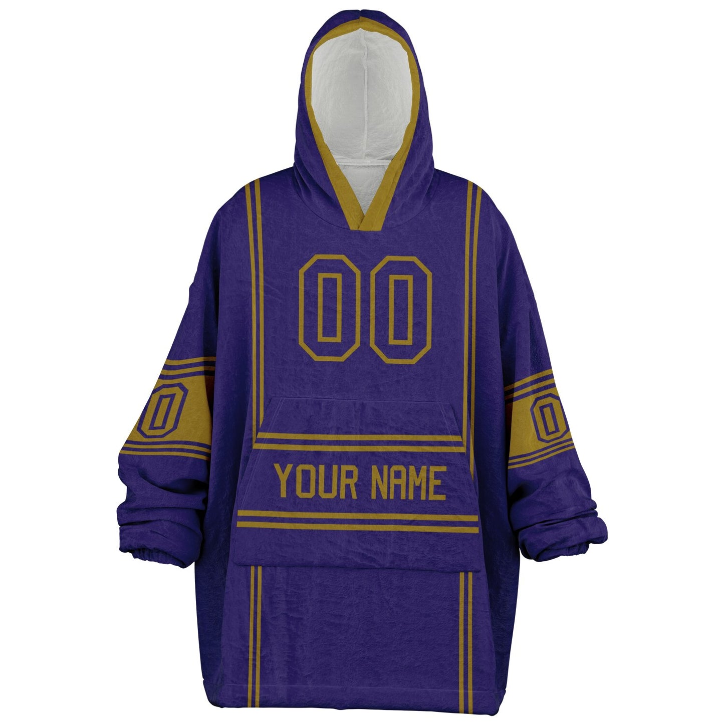 Purple and metallic gold lineup snug hoodie featuring sleek line-art details and minimalist team-inspired design.