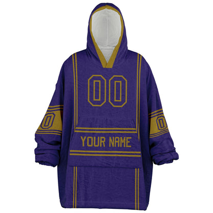 Purple and metallic gold lineup snug hoodie featuring sleek line-art details and minimalist team-inspired design.