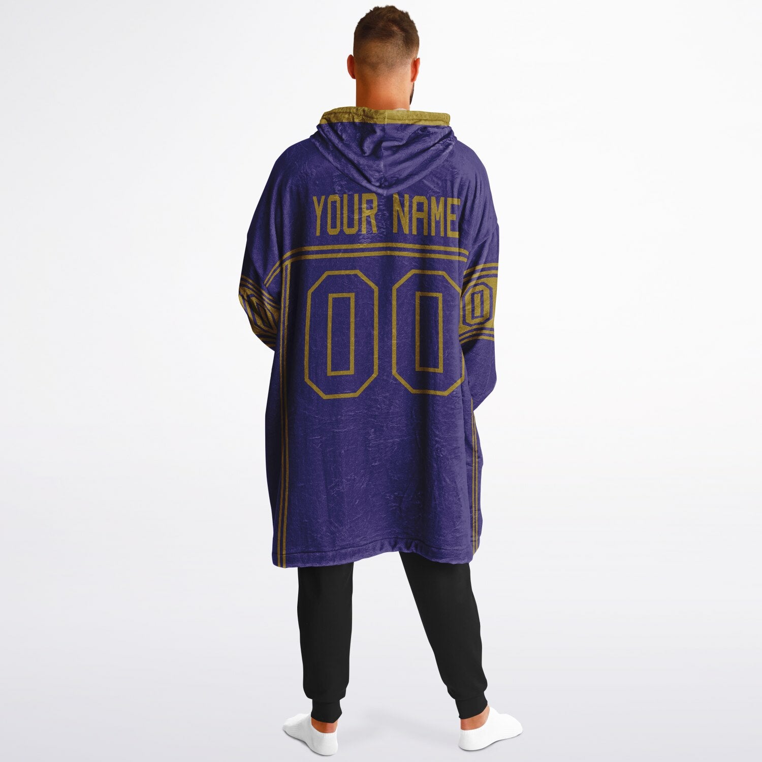 Purple and metallic gold lineup snug hoodie featuring sleek line-art details and minimalist team-inspired design.
