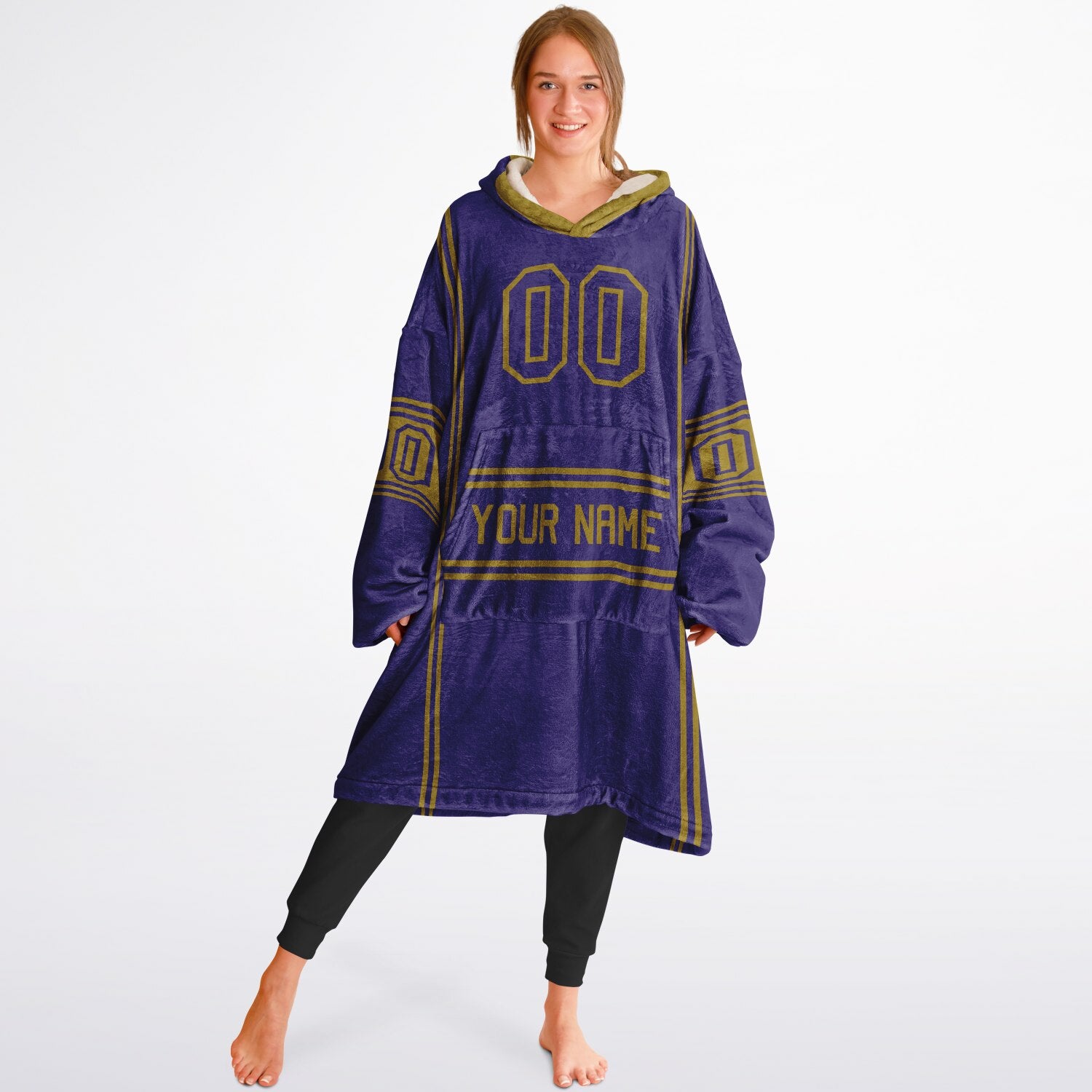 Purple and metallic gold lineup snug hoodie featuring sleek line-art details and minimalist team-inspired design.