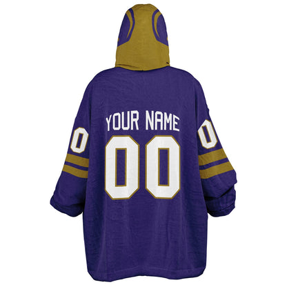 Purple and metallic gold classic snug hoodie featuring jersey-style stripes and personalized name and number.