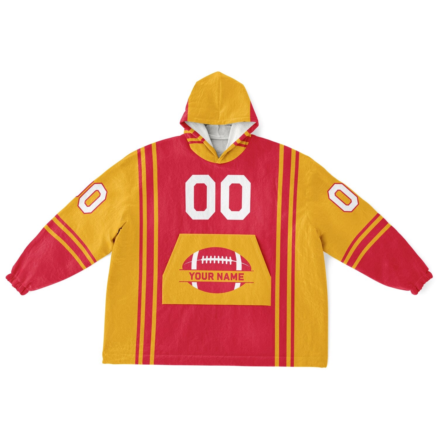 Red and gold bold snug hoodie with modern color-block design and soft loungewear fit.