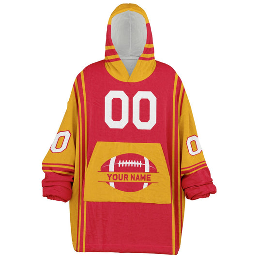 Red and gold bold snug hoodie with modern color-block design and soft loungewear fit.