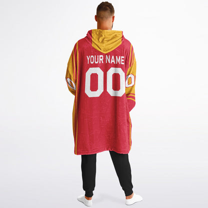 Red and gold bold snug hoodie with modern color-block design and soft loungewear fit.