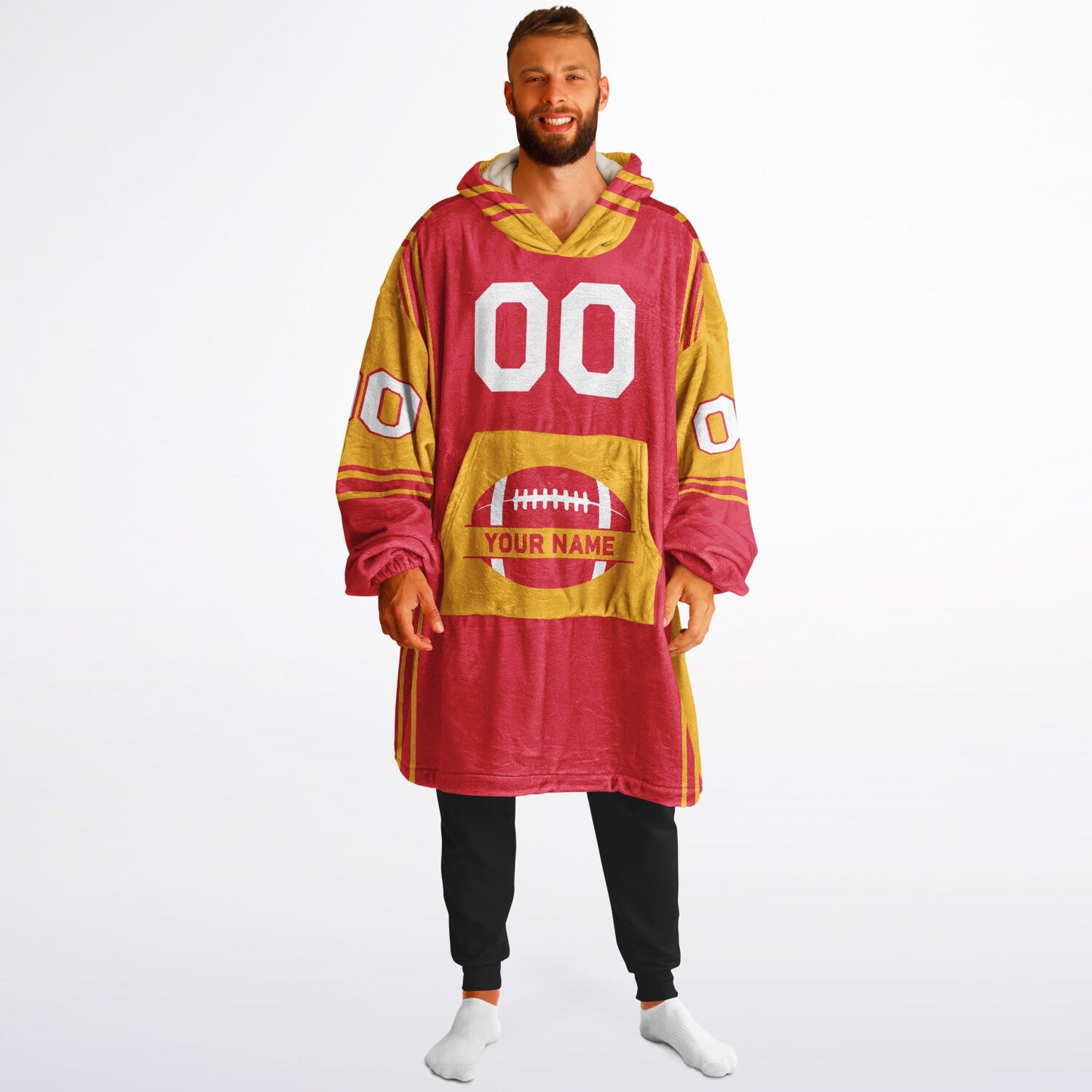 Red and gold bold snug hoodie with modern color-block design and soft loungewear fit.