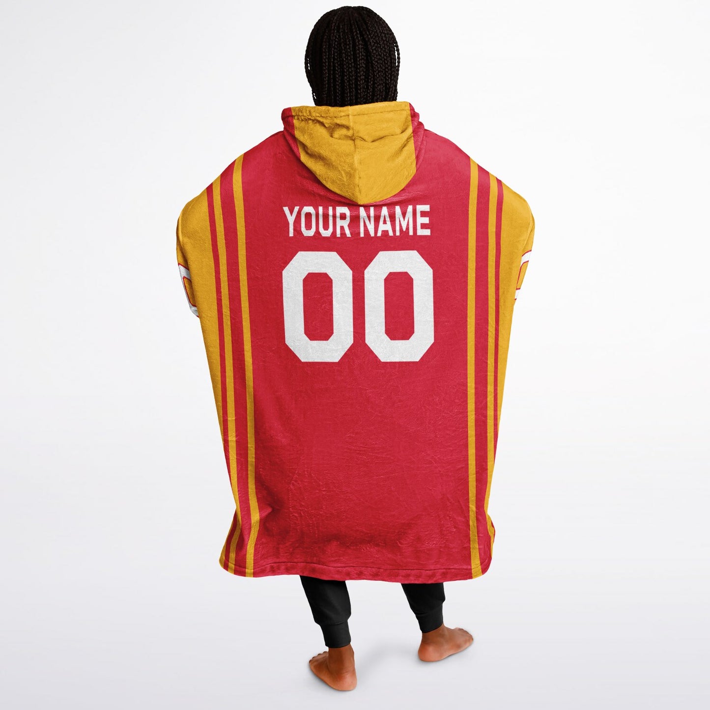 Red and gold bold snug hoodie with modern color-block design and soft loungewear fit.