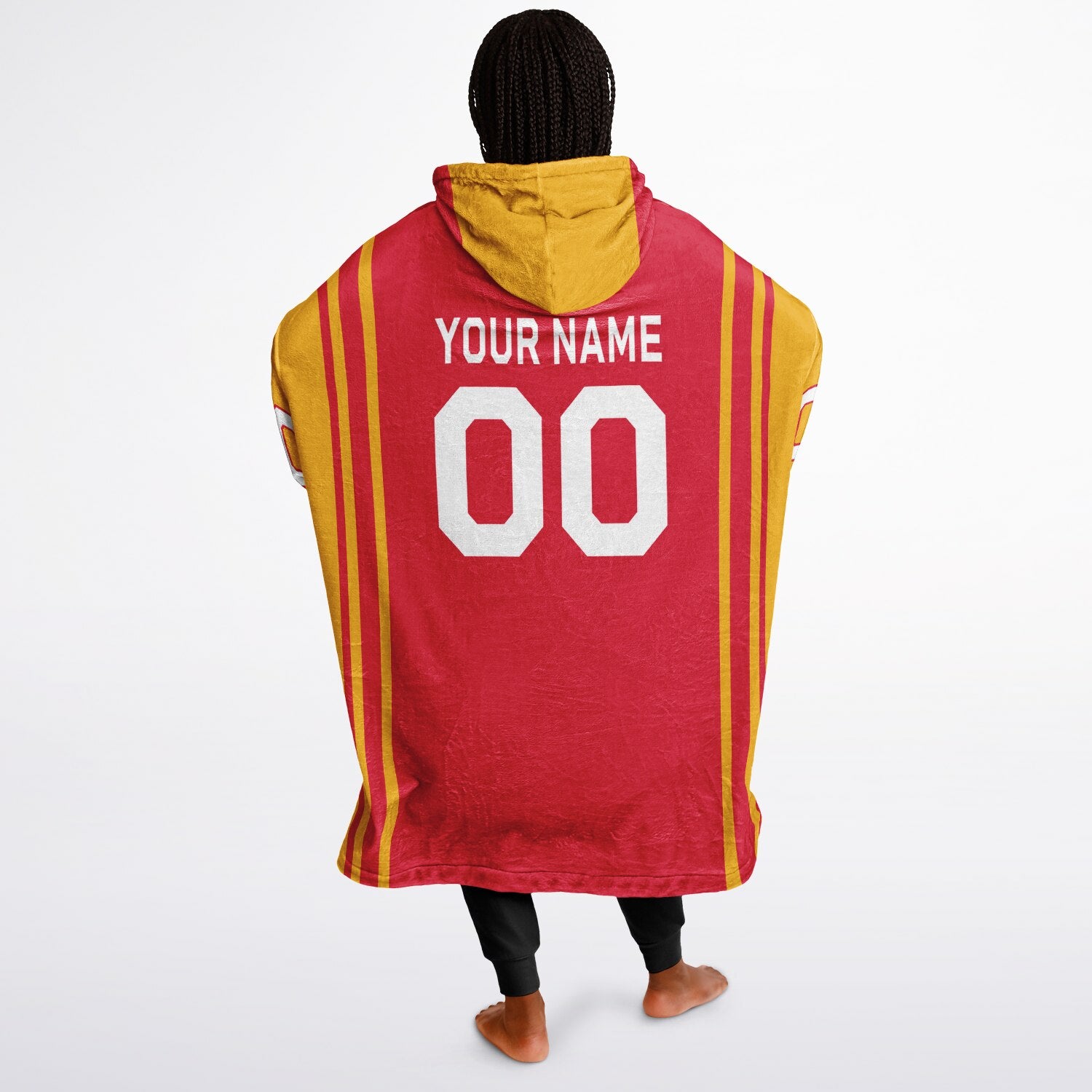 Red and gold bold snug hoodie with modern color-block design and soft loungewear fit.