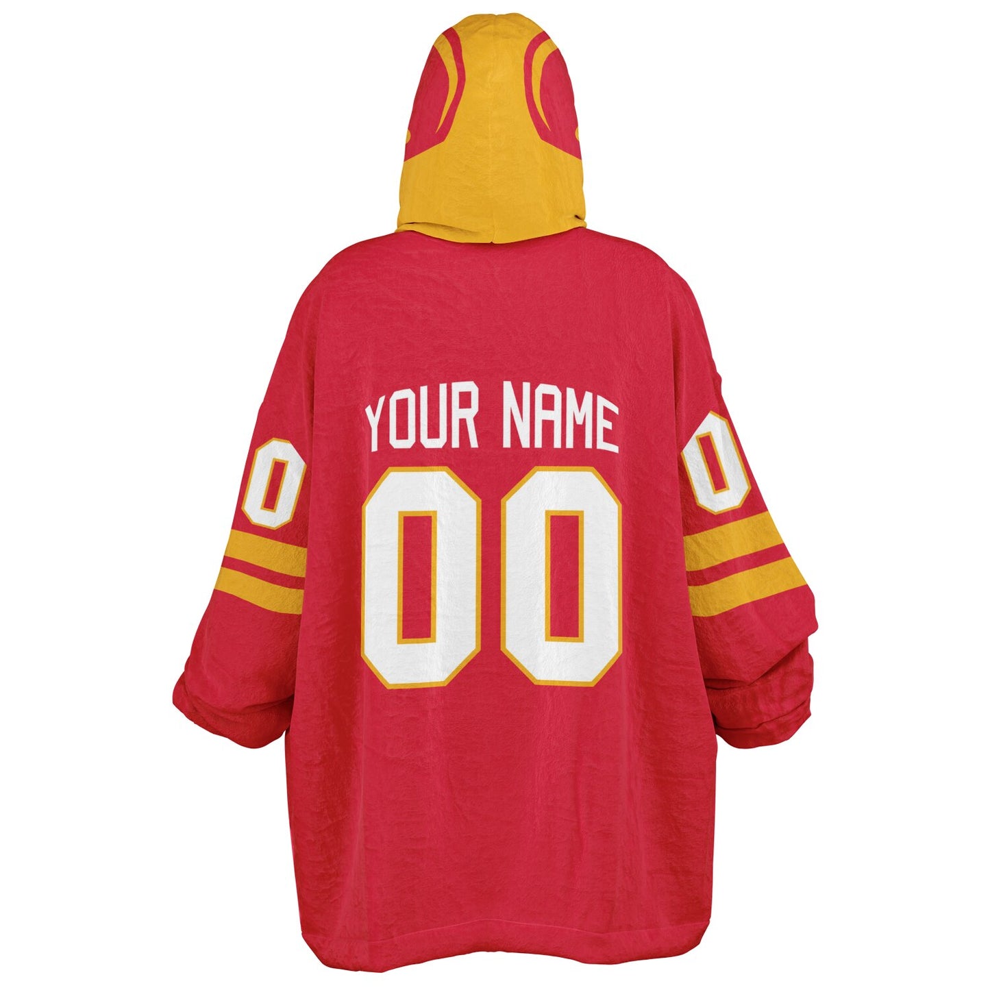 Red and gold classic snug hoodie featuring jersey-style stripes and personalized name and number.