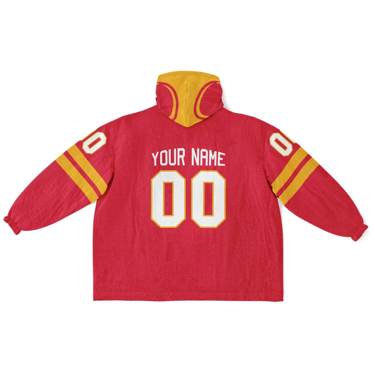 Red and gold classic snug hoodie featuring jersey-style stripes and personalized name and number.
