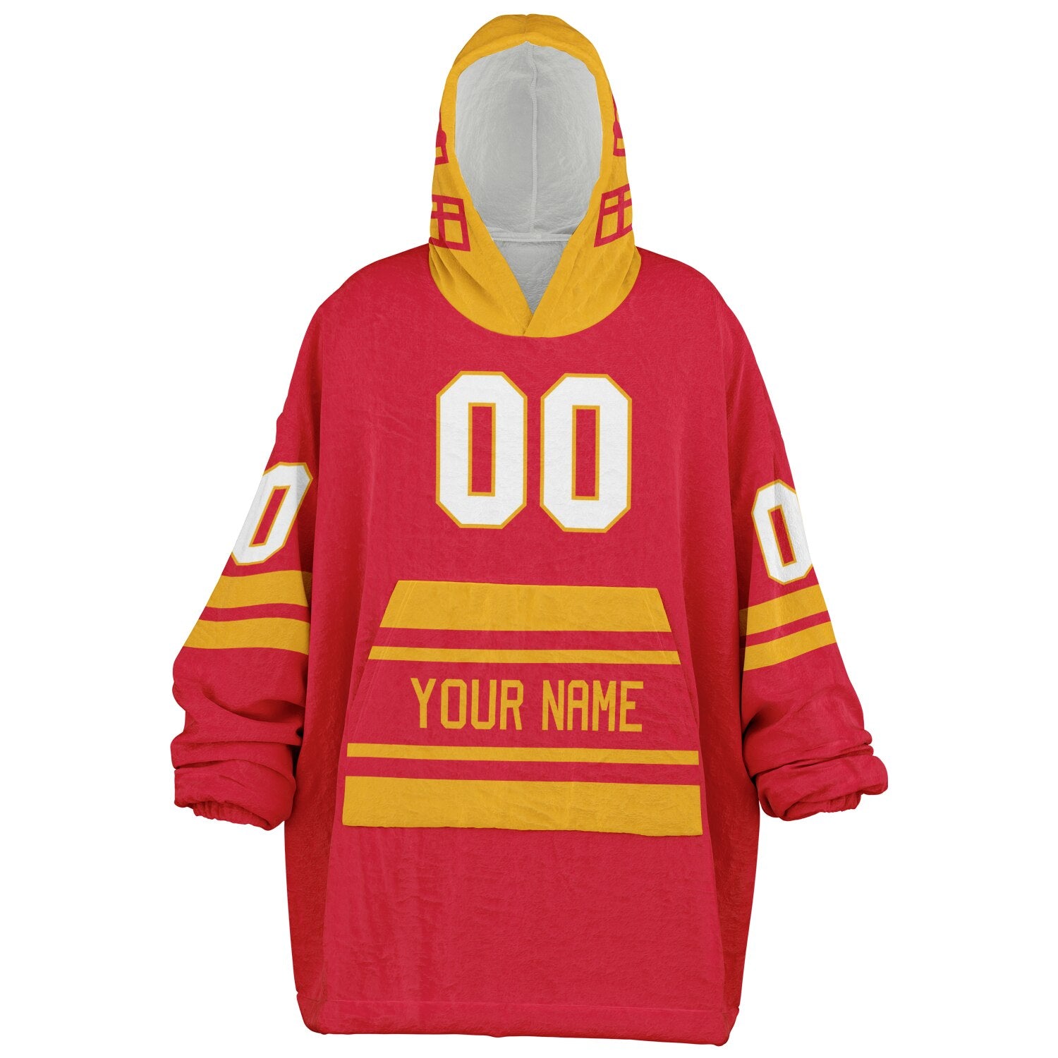 Red and gold classic snug hoodie featuring jersey-style stripes and personalized name and number.