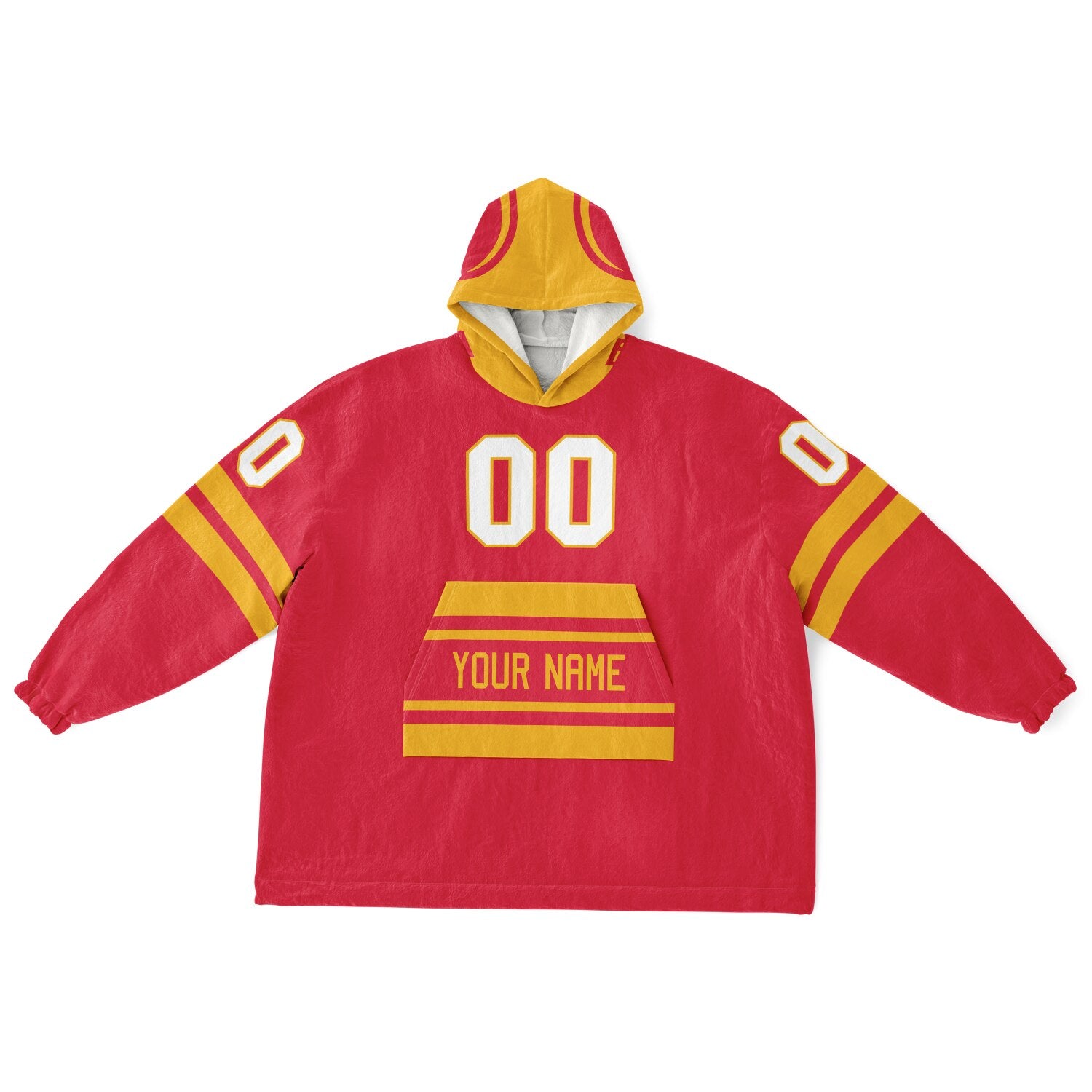 Red and gold classic snug hoodie featuring jersey-style stripes and personalized name and number.