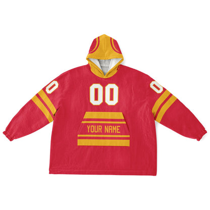 Red and gold classic snug hoodie featuring jersey-style stripes and personalized name and number.