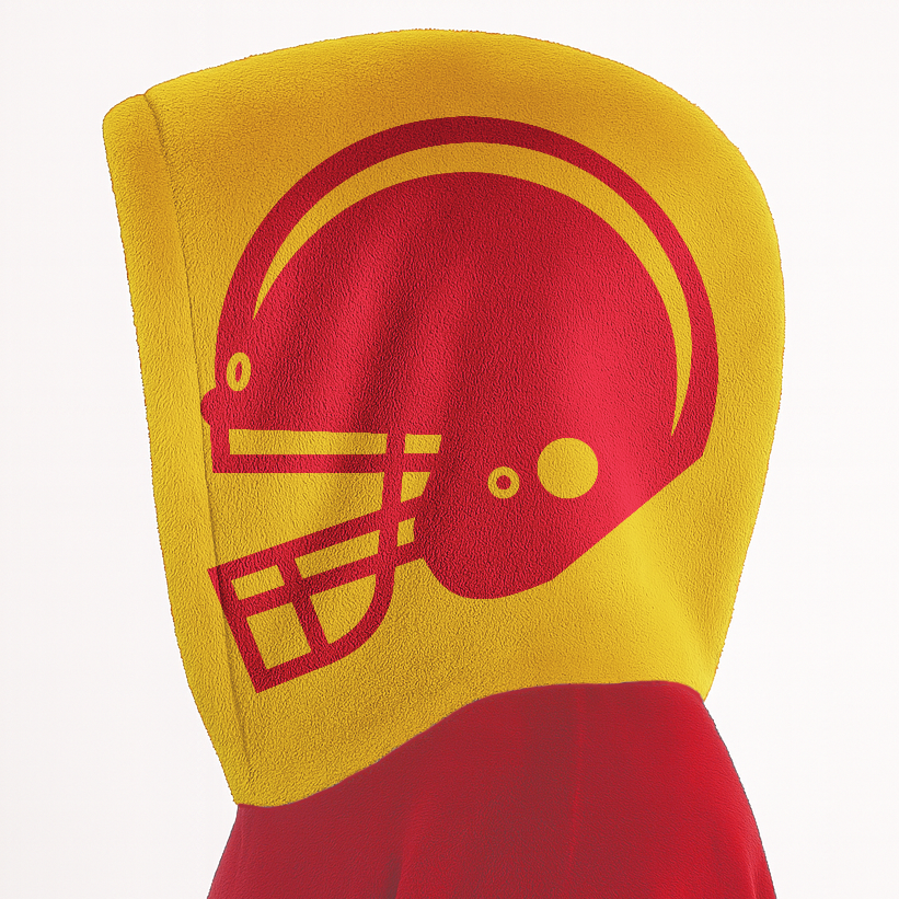 Red and gold classic snug hoodie featuring jersey-style stripes and personalized name and number.