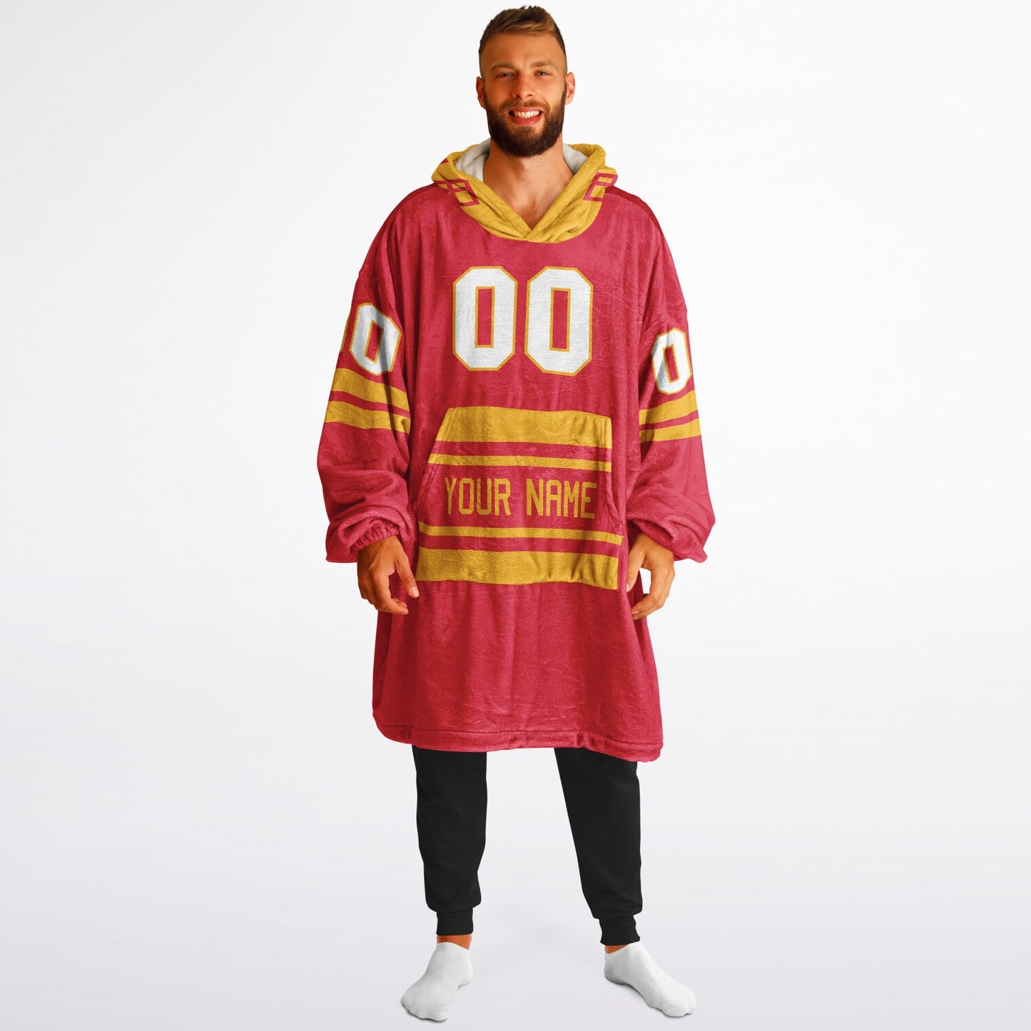 Red and gold classic snug hoodie featuring jersey-style stripes and personalized name and number.