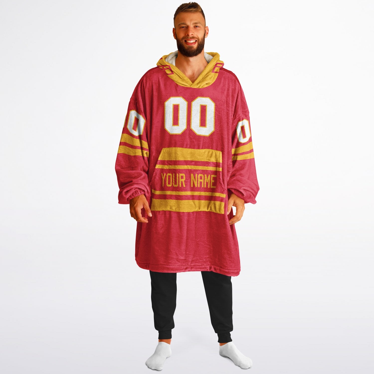 Red and gold classic snug hoodie featuring jersey-style stripes and personalized name and number.