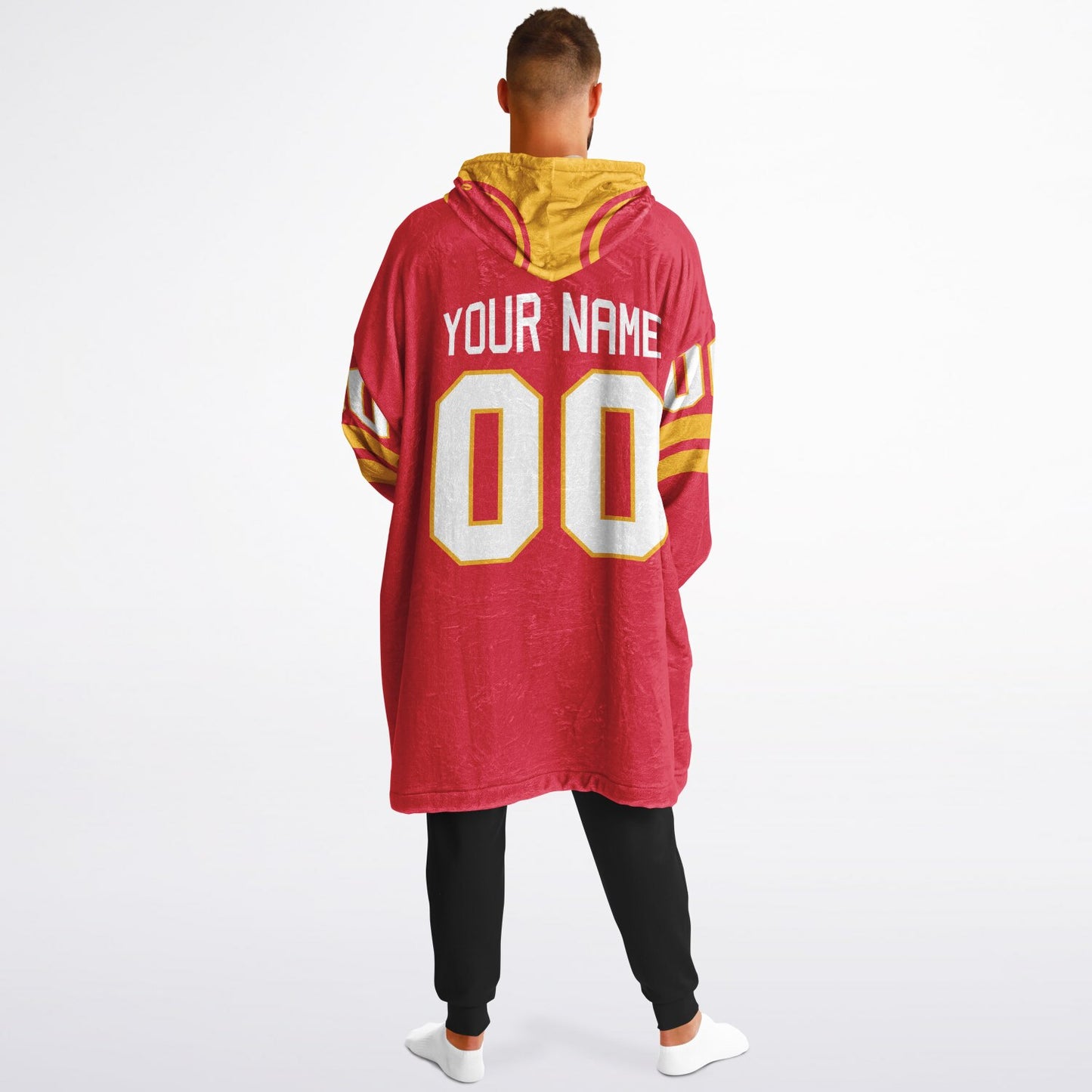 Red and gold classic snug hoodie featuring jersey-style stripes and personalized name and number.