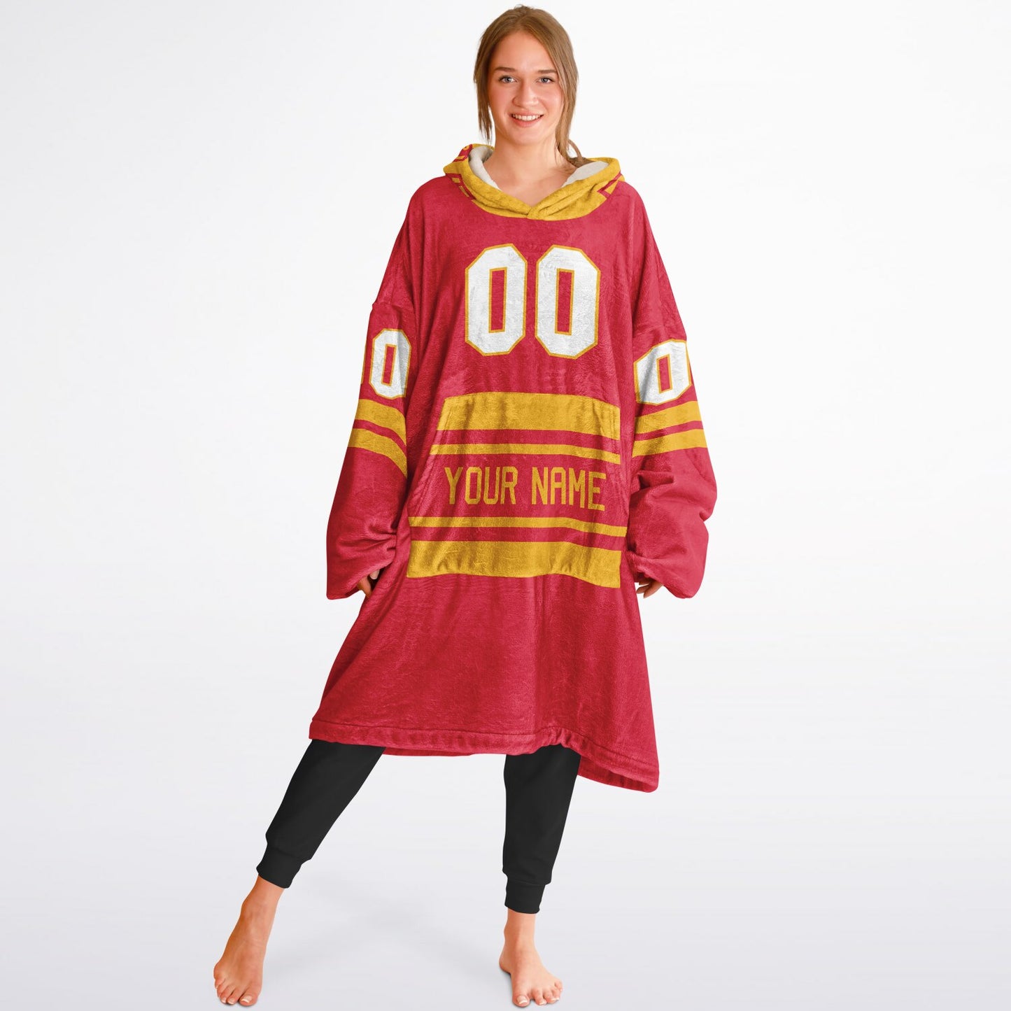 Red and gold classic snug hoodie featuring jersey-style stripes and personalized name and number.