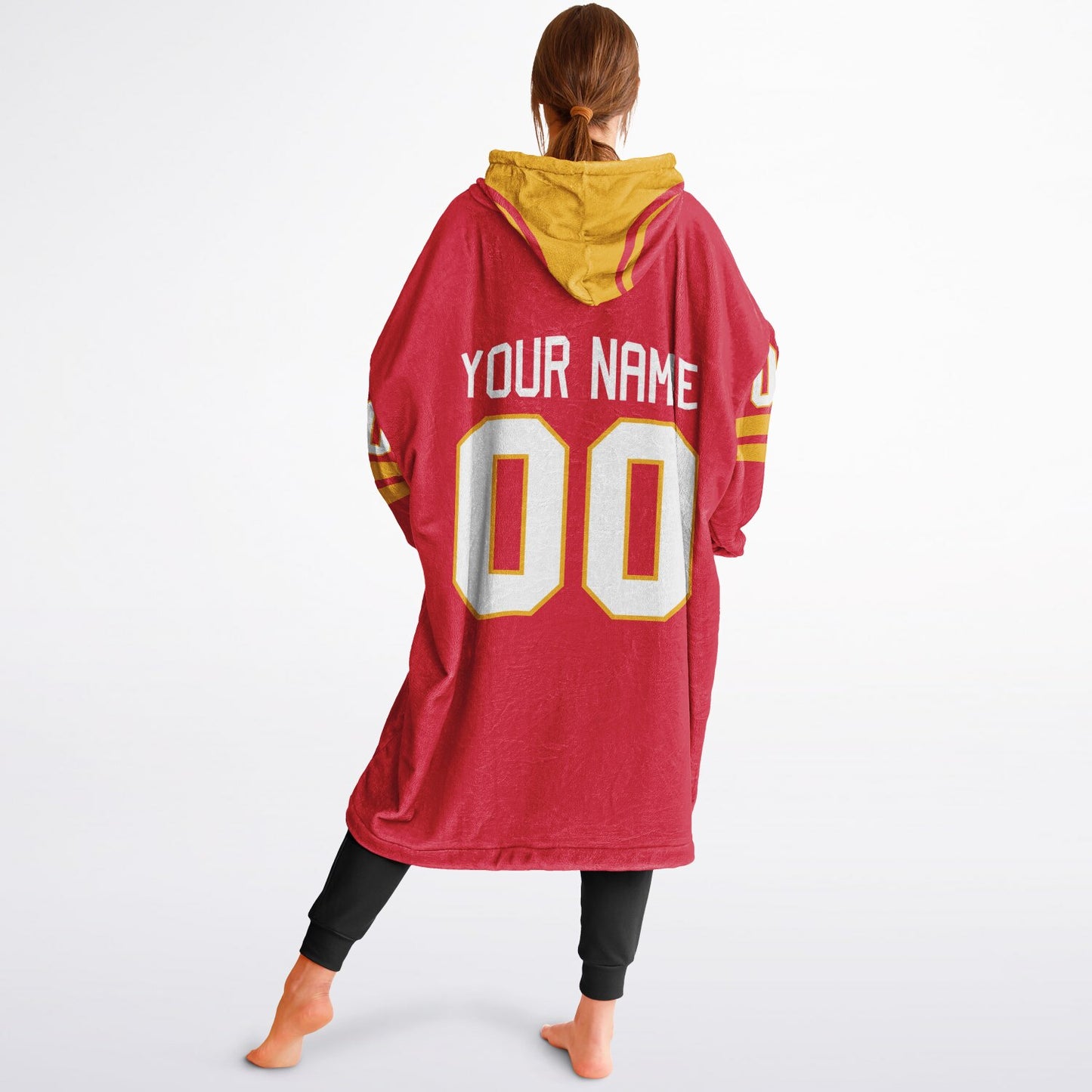 Red and gold classic snug hoodie featuring jersey-style stripes and personalized name and number.