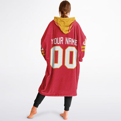 Red and gold classic snug hoodie featuring jersey-style stripes and personalized name and number.