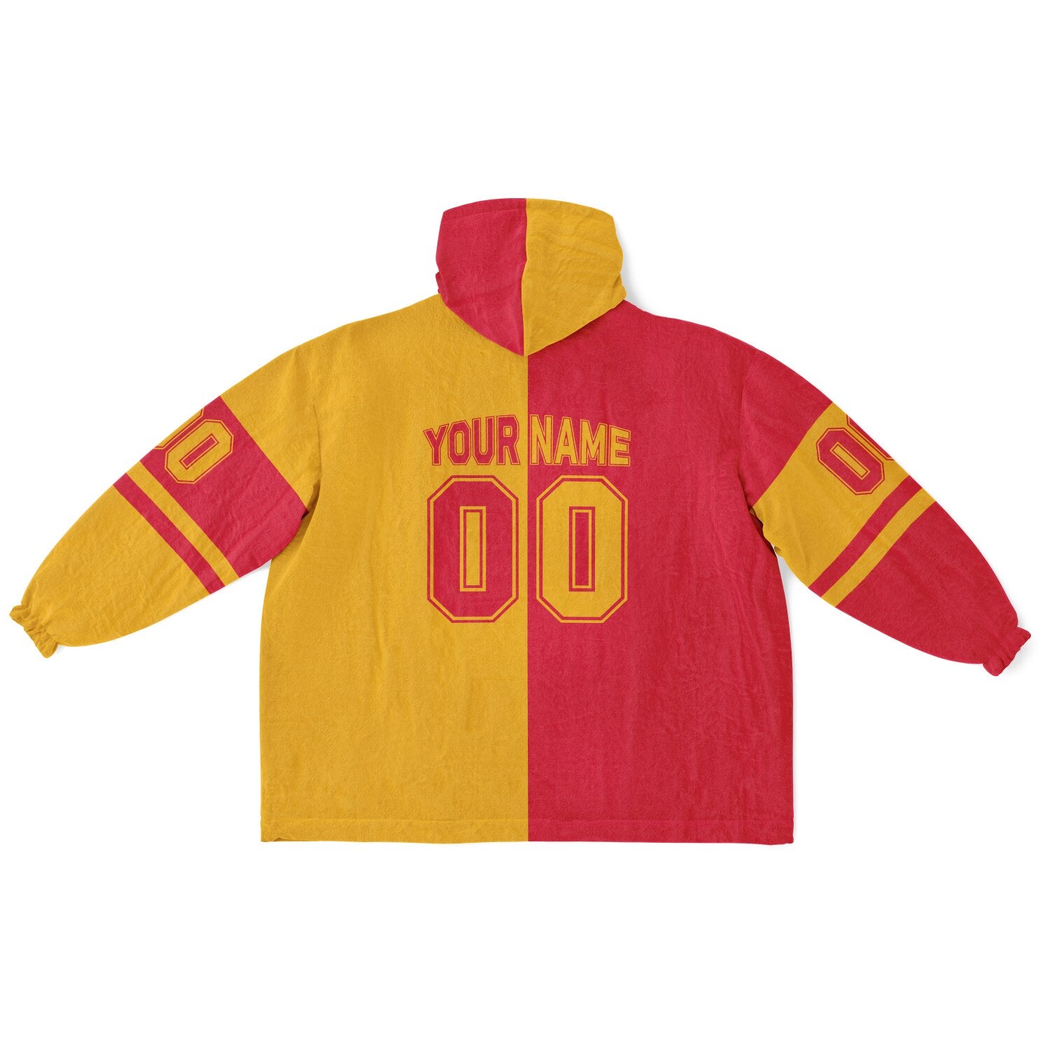 Red and gold halftime snug hoodie featuring a symmetrical split design for a dynamic game-day look.
