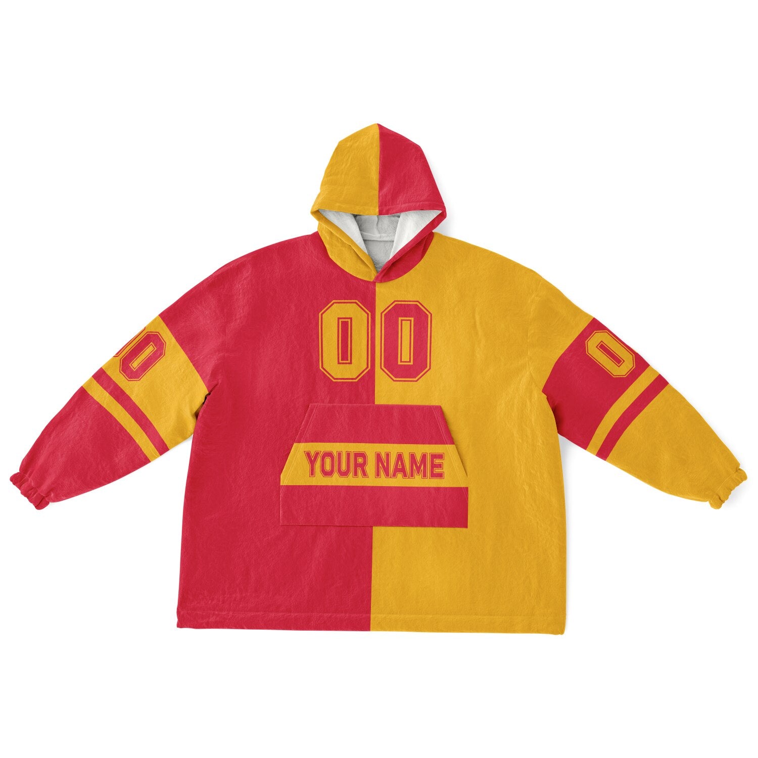 Red and gold halftime snug hoodie featuring a symmetrical split design for a dynamic game-day look.