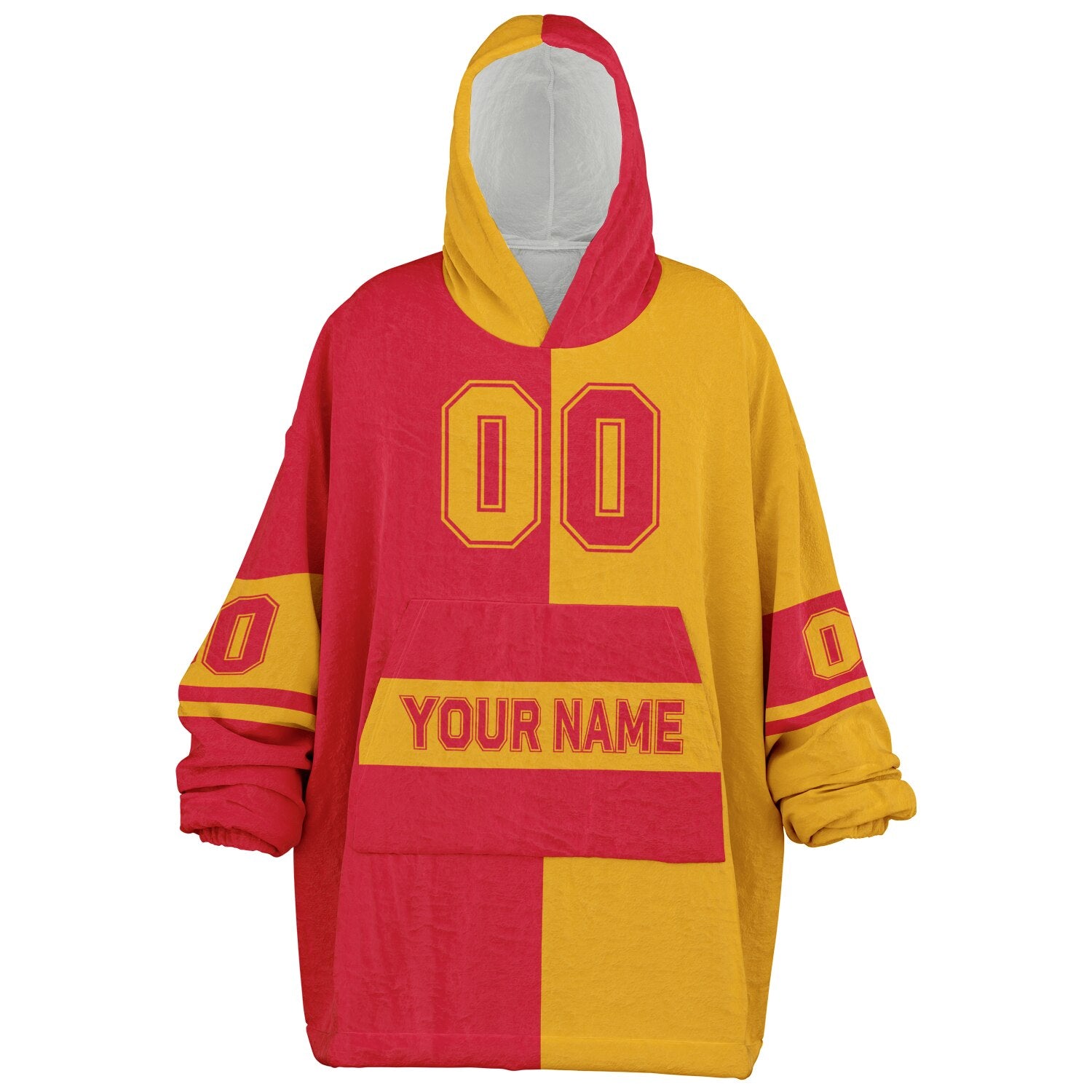 Red and gold halftime snug hoodie featuring a symmetrical split design for a dynamic game-day look.