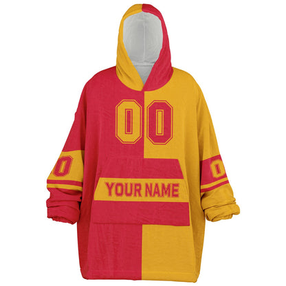 Red and gold halftime snug hoodie featuring a symmetrical split design for a dynamic game-day look.