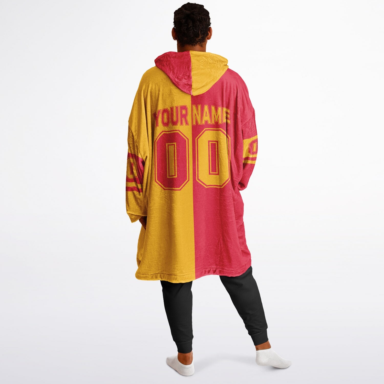 Red and gold halftime snug hoodie featuring a symmetrical split design for a dynamic game-day look.