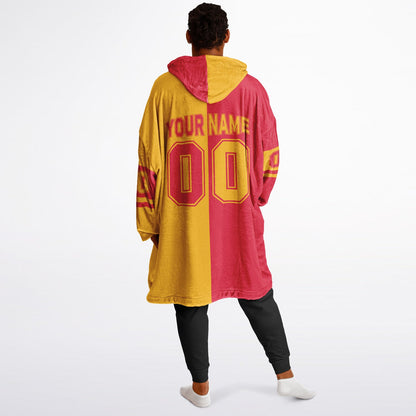 Red and gold halftime snug hoodie featuring a symmetrical split design for a dynamic game-day look.