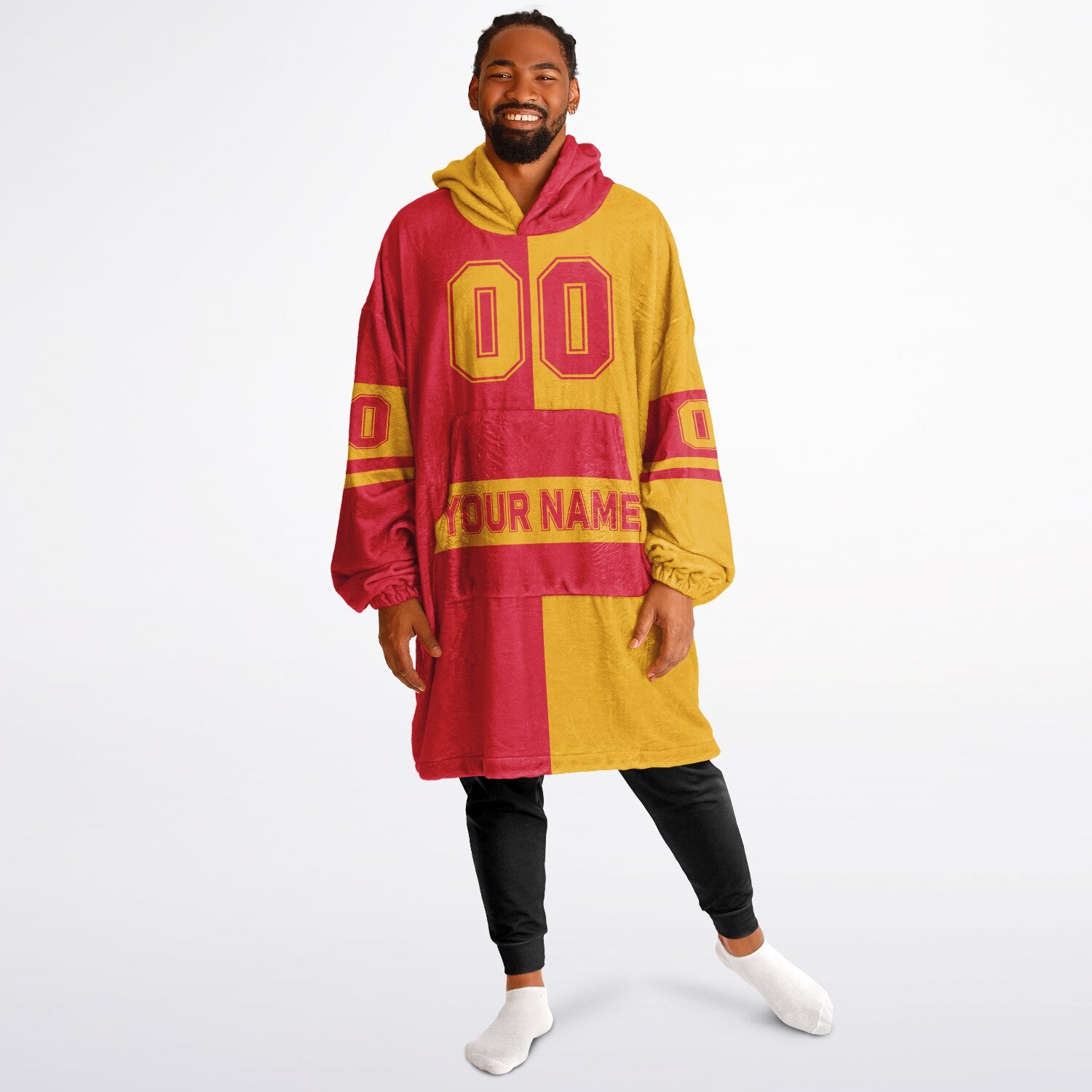 Red and gold halftime snug hoodie featuring a symmetrical split design for a dynamic game-day look.