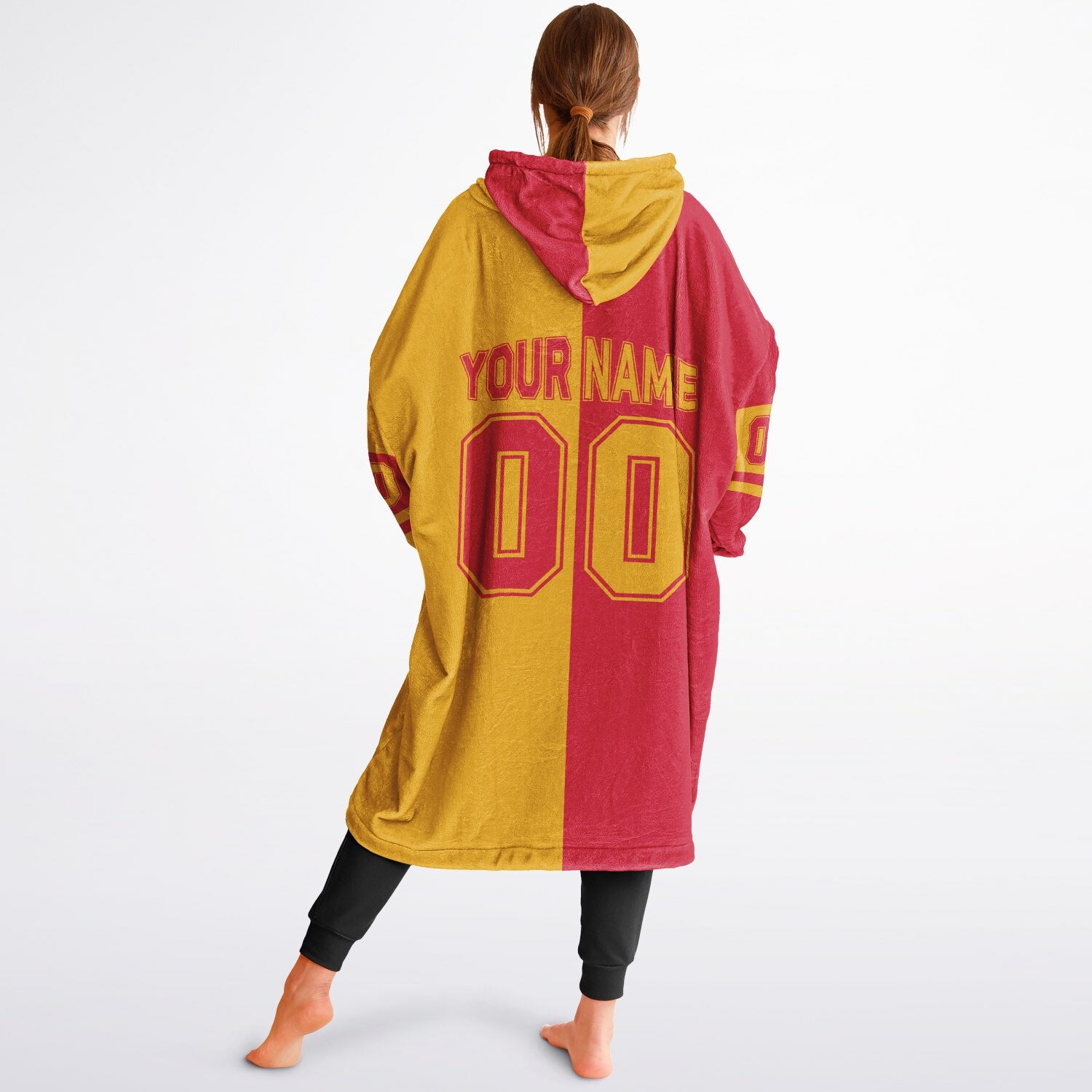 Red and gold halftime snug hoodie featuring a symmetrical split design for a dynamic game-day look.