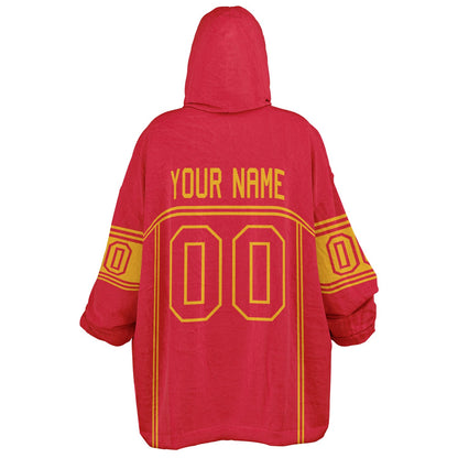 Red and gold lineup snug hoodie featuring sleek line-art details and minimalist team-inspired design.