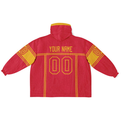 Red and gold lineup snug hoodie featuring sleek line-art details and minimalist team-inspired design.