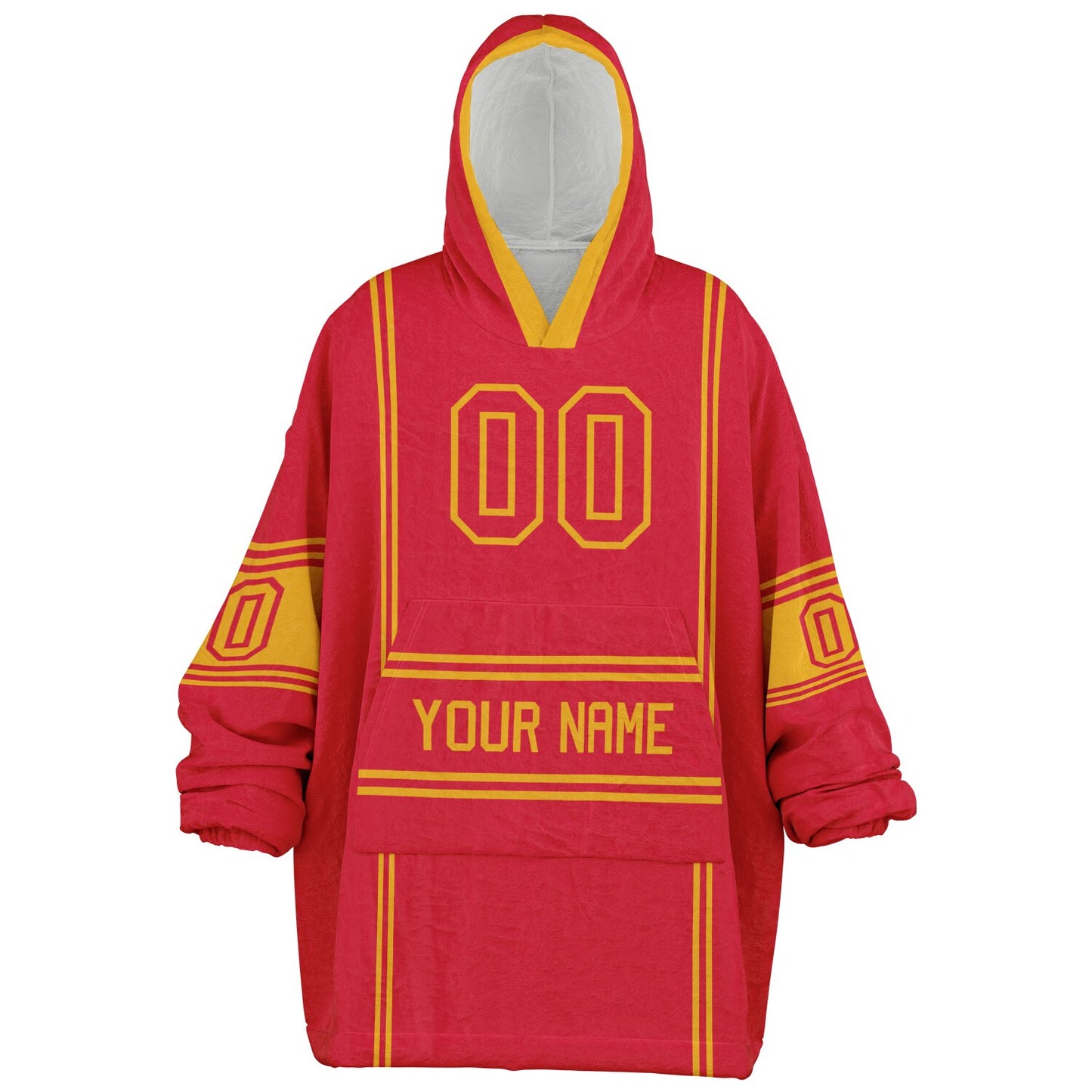 Red and gold lineup snug hoodie featuring sleek line-art details and minimalist team-inspired design.