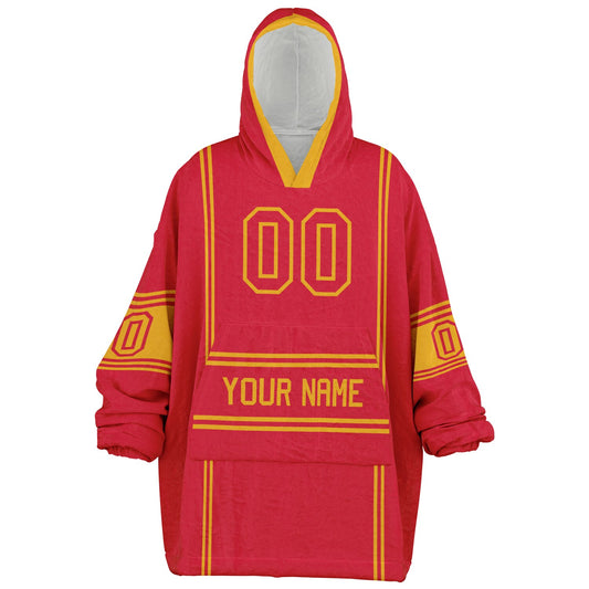 Red and gold lineup snug hoodie featuring sleek line-art details and minimalist team-inspired design.