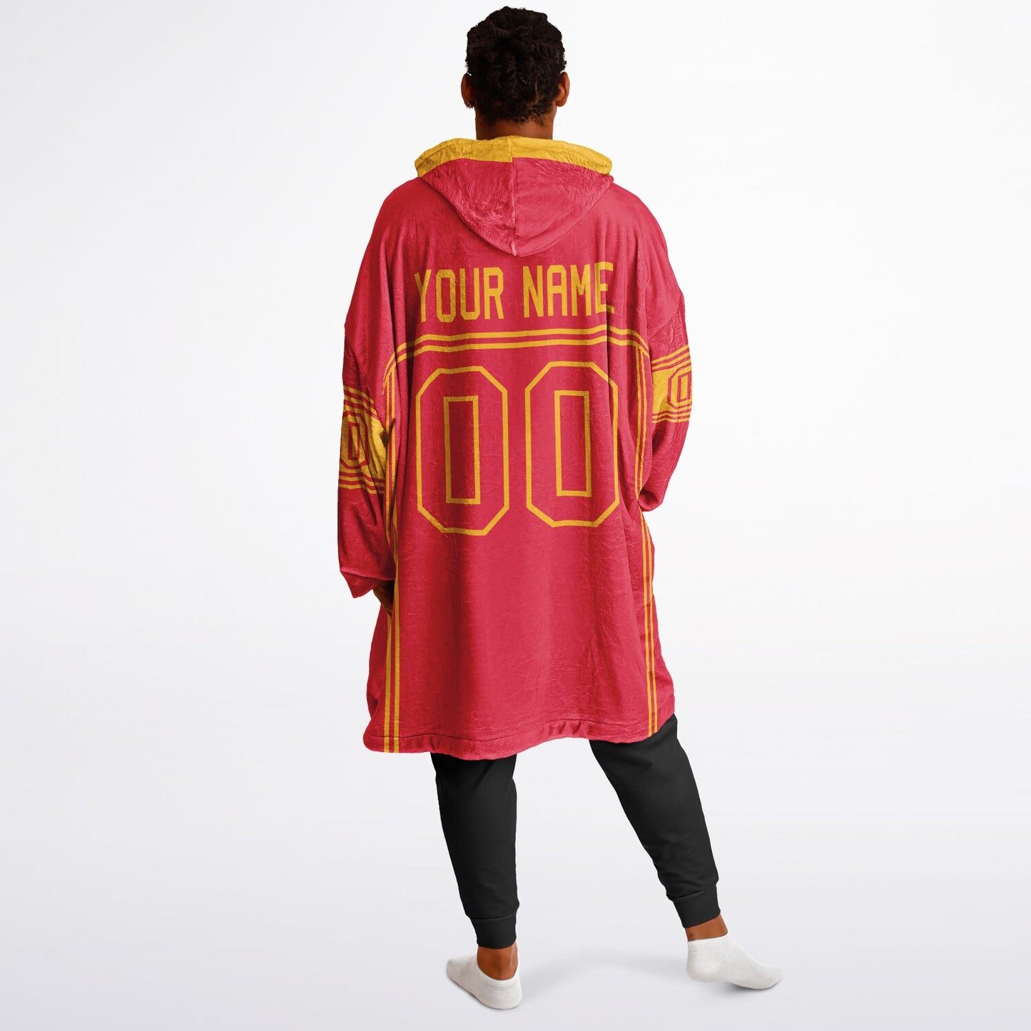 Red and gold lineup snug hoodie featuring sleek line-art details and minimalist team-inspired design.